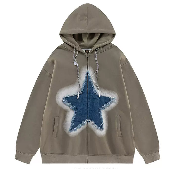 Y2K Denim Star Zip Up Hoodie