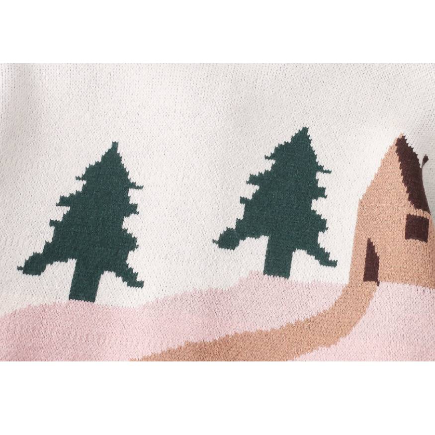 Childlike Landscape Illustration Jacquard Cardigan Sweater