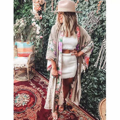 Blush Boho Floral Print Kimono Robe with Tie Waist