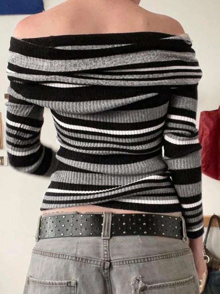 Contrast Color Striped Off Shoulder Slim Sweater