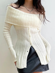 Basic Buttons Off Shoulder Knitted Sweater