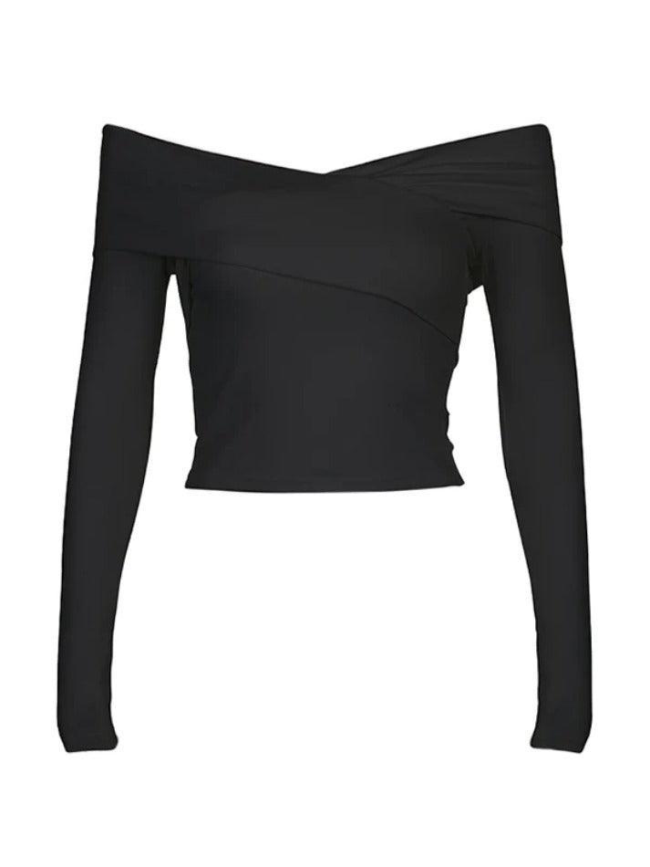 Solid Off Shoulder Crossover Design Long Sleeve Tee