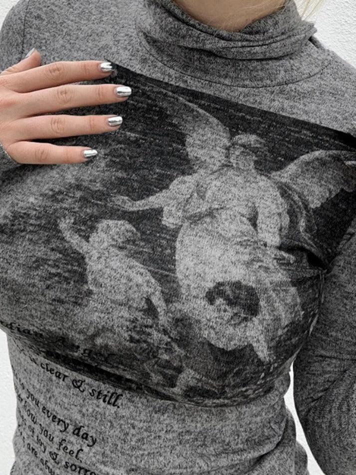 Vintage Cherub Print Turtleneck Slim Long Sleeve Tee