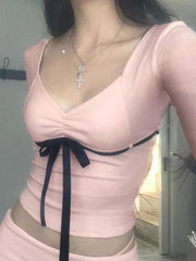 V Neck Bow Tie Front Long Sleeve Tee