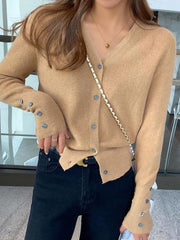 Solid Color V Neck Button Decor Cardigan