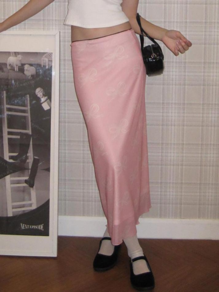 Vintage Bow Print Mesh Midi Skirt