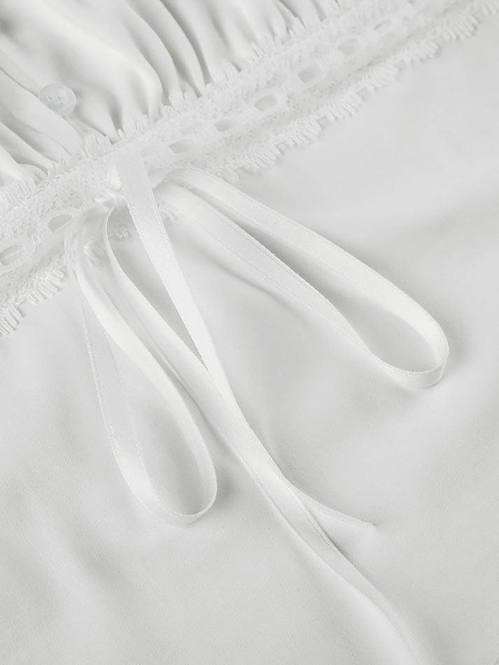 Ruffle Tie Solid White Bubble Sleeve Tee