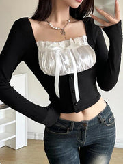 Splice Bow Square Neck Fake Two Piece Long Sleeve Tee