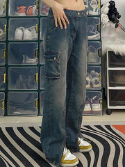 Vintage Wash Multi Pocket Zip Up Cargo Jeans