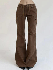 Vintage Brown Button Lace Up Flare Jeans