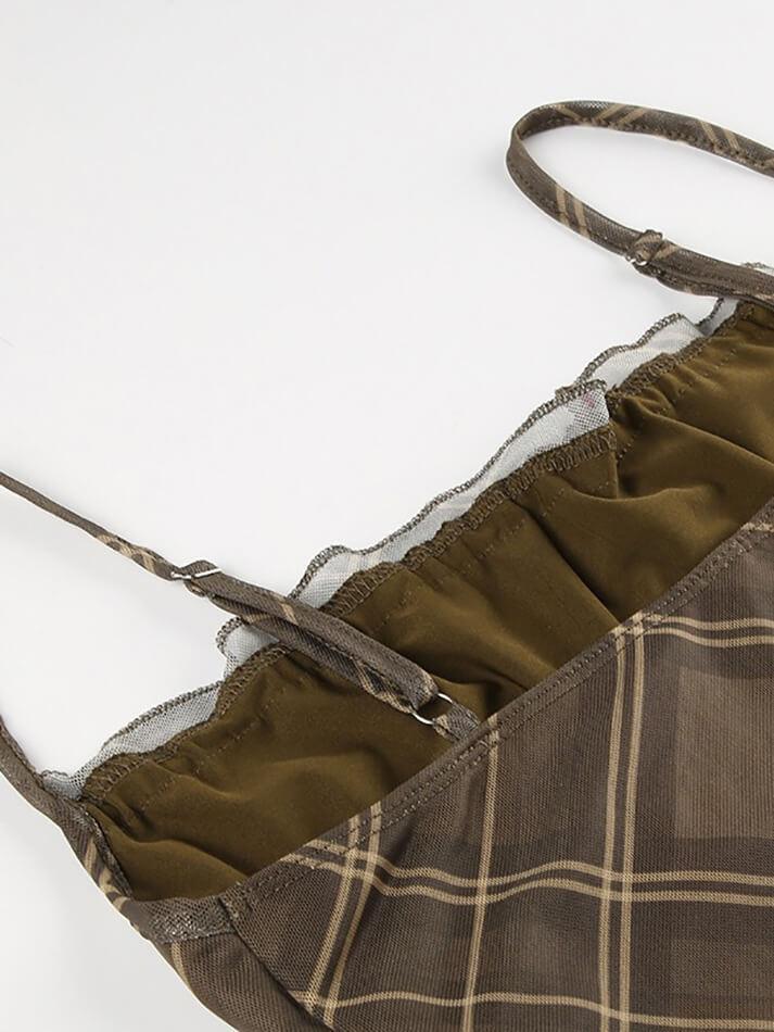Vintage Plaid Drawstring Tie Mesh Halter Dress