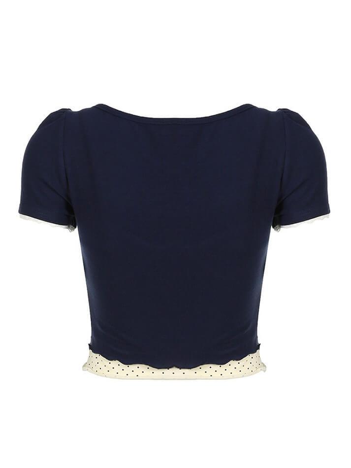 Blue Polka Dot Trim Crop Top