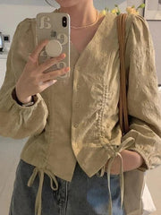 Lace Up Button Front Long Sleeve Blouse
