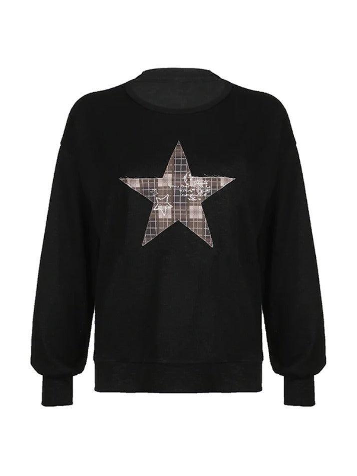 Vintage Plaid Star Patch Crew Neck Long Sleeve Knit