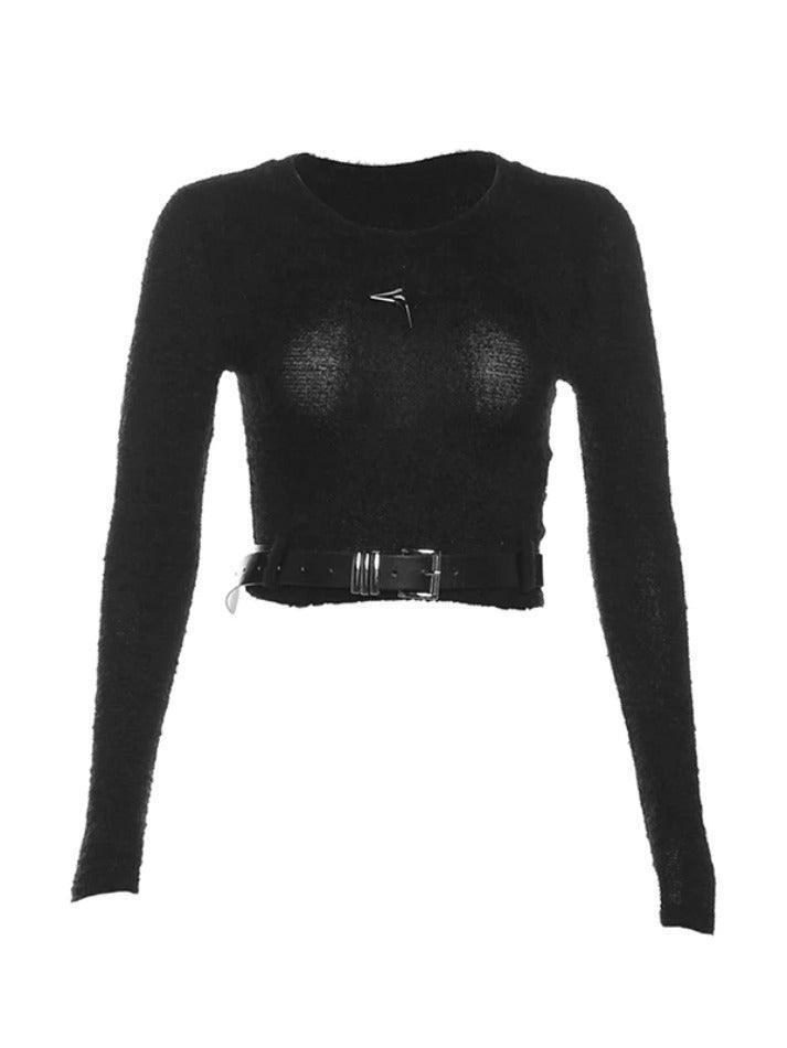 Metal Star Decor Belted Hem Cropped Long Sleeve Knit