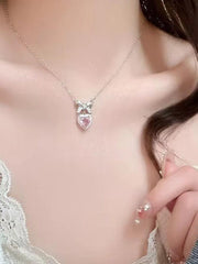 Sweet Glittering Bow Pink Heart Pendant Necklace