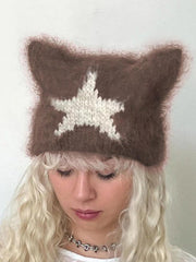 Contrast Color Star Cat Ear Styling Beanie Hat