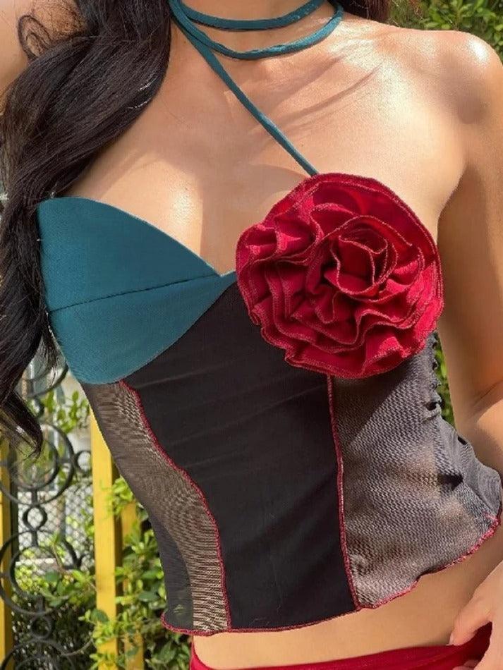 Three-dimensional Flower Decor Splice Halter Vest