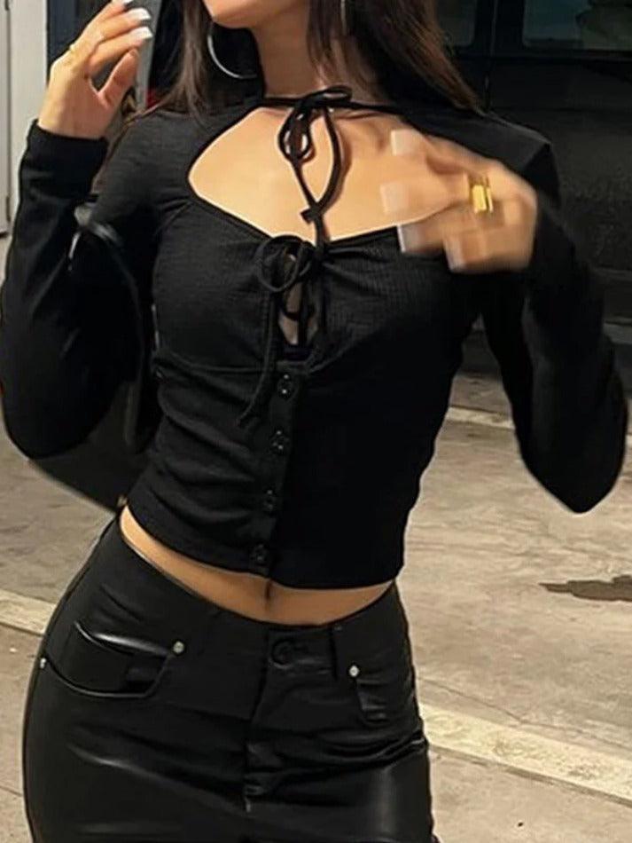 Solid Cutout Tie Front Long Sleeve Knit