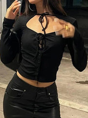 Solid Cutout Tie Front Long Sleeve Knit