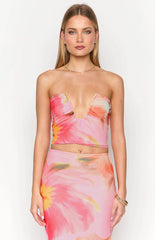 Esha Pink Floral Strapless Crop Top
