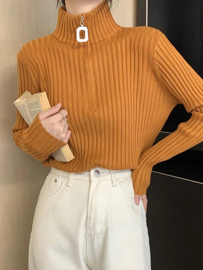 Solid Half Zip Ribbed Knit Sweater