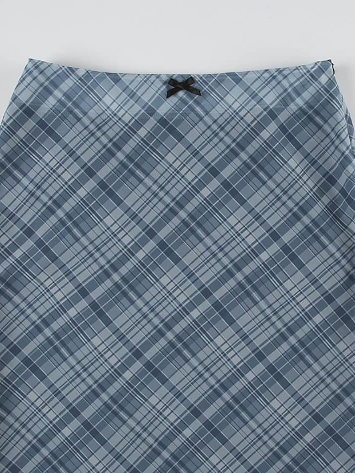 High Waist Bow Accent Plaid Mesh Midi Skirt
