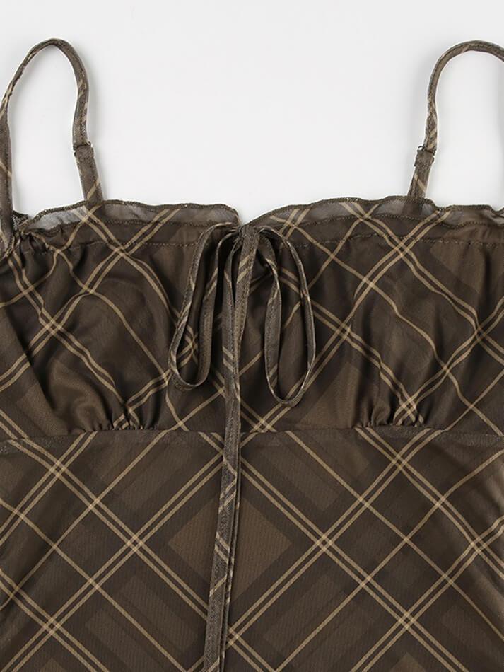 Vintage Plaid Drawstring Tie Mesh Halter Dress