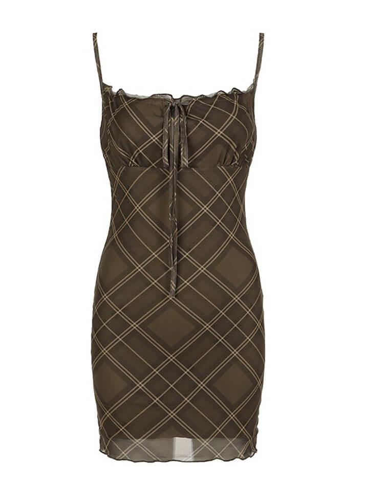 Vintage Plaid Drawstring Tie Mesh Halter Dress