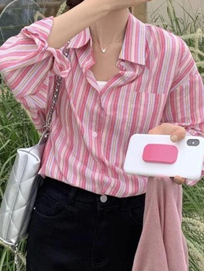 Contrast Color Striped Long Sleeve Blouse