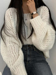 Cutout Lantern Sleeve Baggy Sweater