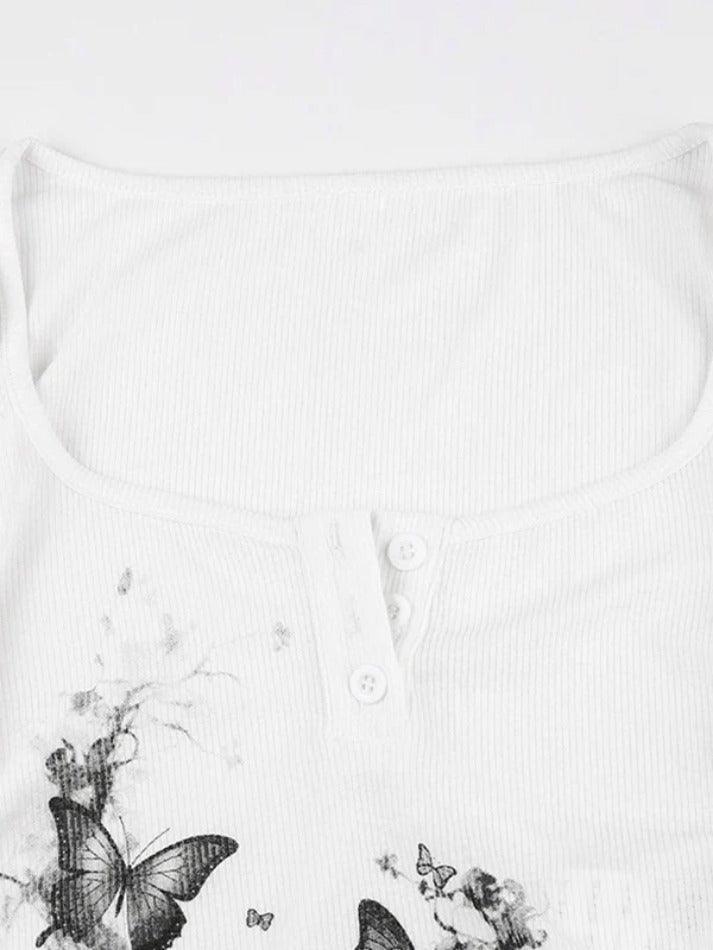 Butterfly Print Square Neck Ruched Crop Long Sleeve Knit