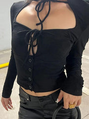 Solid Cutout Tie Front Long Sleeve Knit