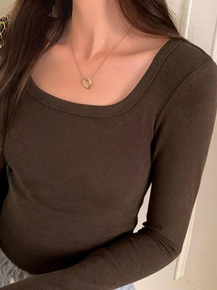Solid Square Neck Rib Slim Long Sleeve Knit