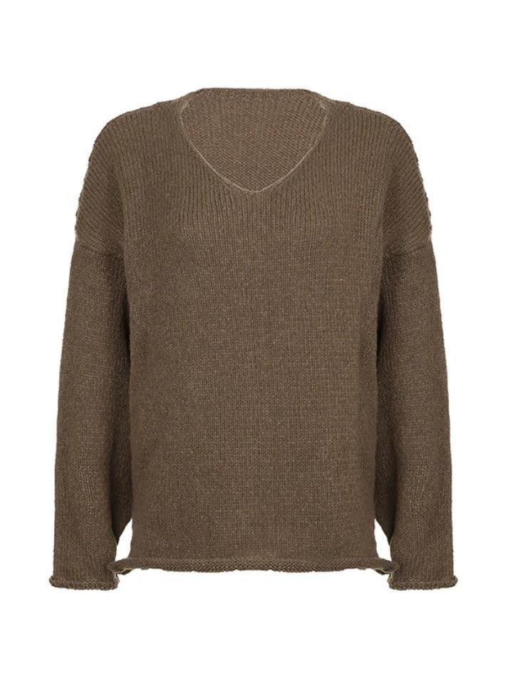 Solid V Neck Slit Rolled Sweater
