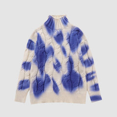 Turtleneck Tie-Dye Print Cable Knit Sweater