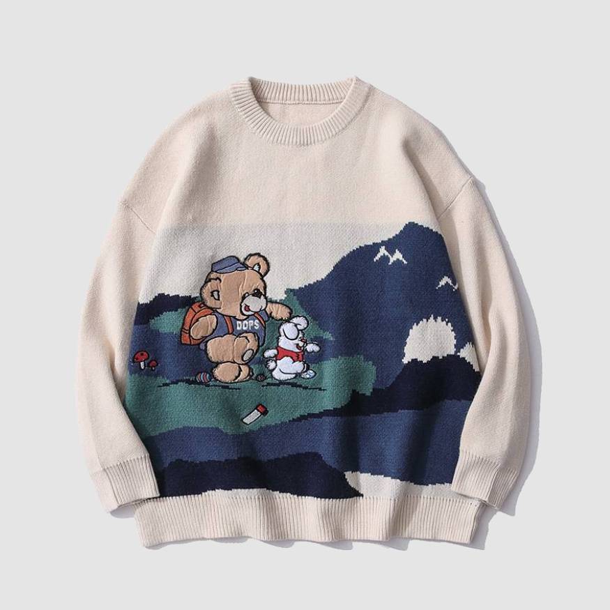 Bear & Rabbit Pattern Patchwork Sweater