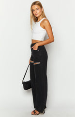 Gem Diamante Trim Wide Leg Black Denim Jeans