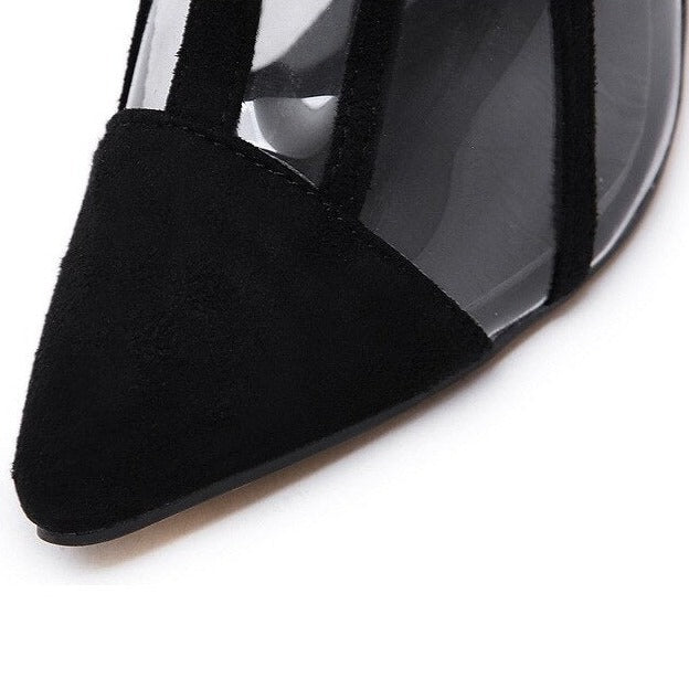 Black Clear Stripes Pointy Toe Stiletto Heel Ankle Booties