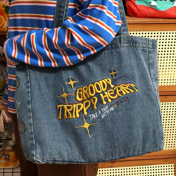 Groovy Trippy Heart Blue Denim Bag