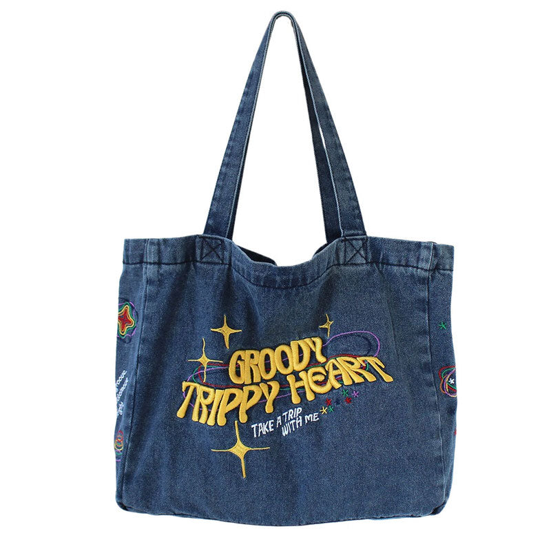 Groovy Trippy Heart Blue Denim Bag