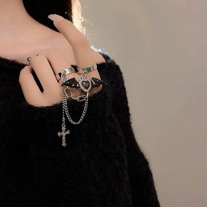 Grunge Heart Cross Double Ring