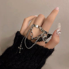 Grunge Heart Cross Double Ring