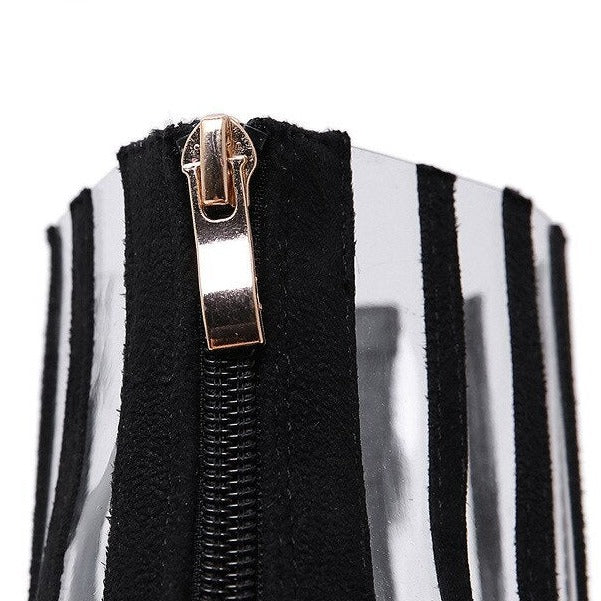 Black Clear Stripes Pointy Toe Stiletto Heel Ankle Booties