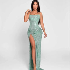 Gracie Sequin Lace-Up Slit Gown
