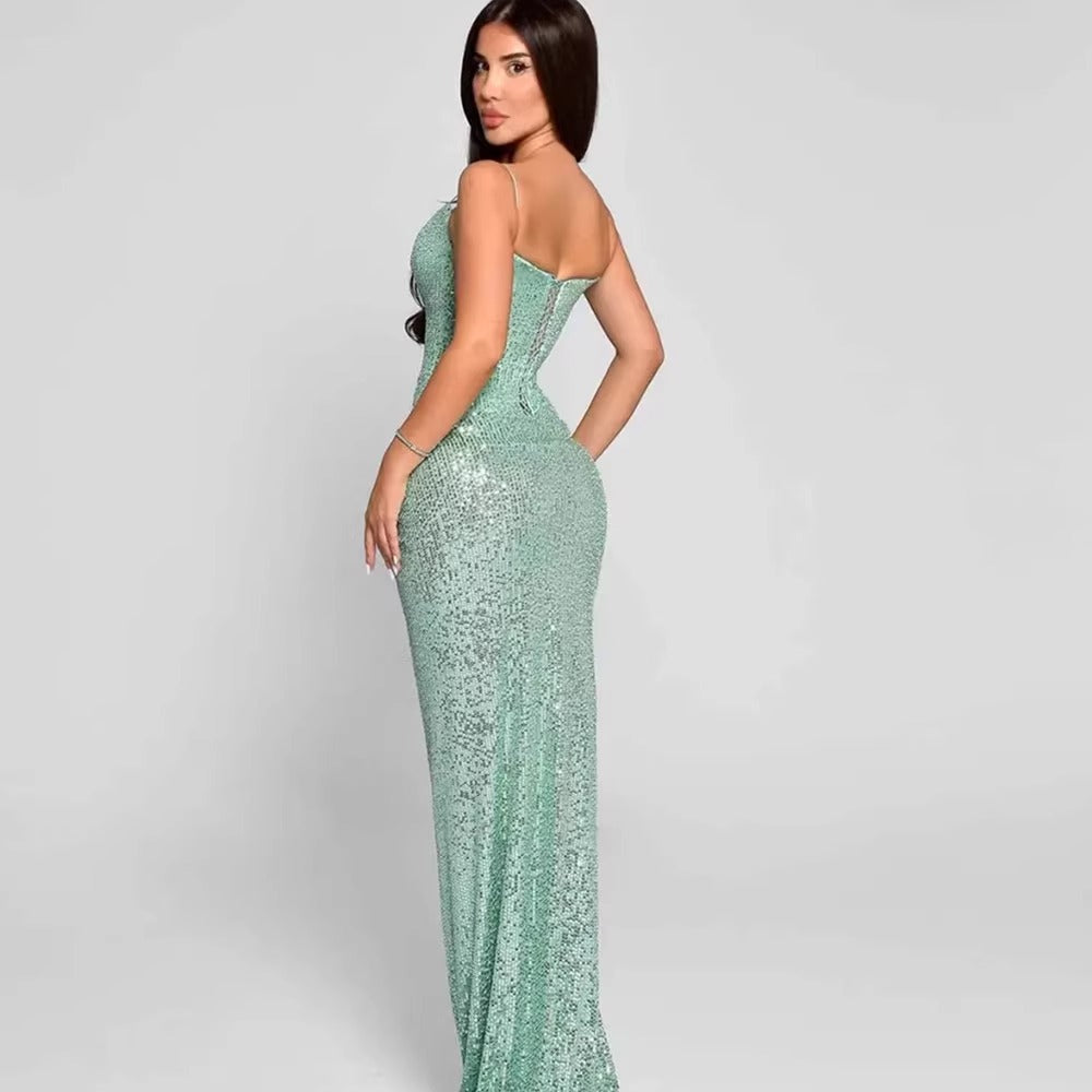 Gracie Sequin Lace-Up Slit Gown
