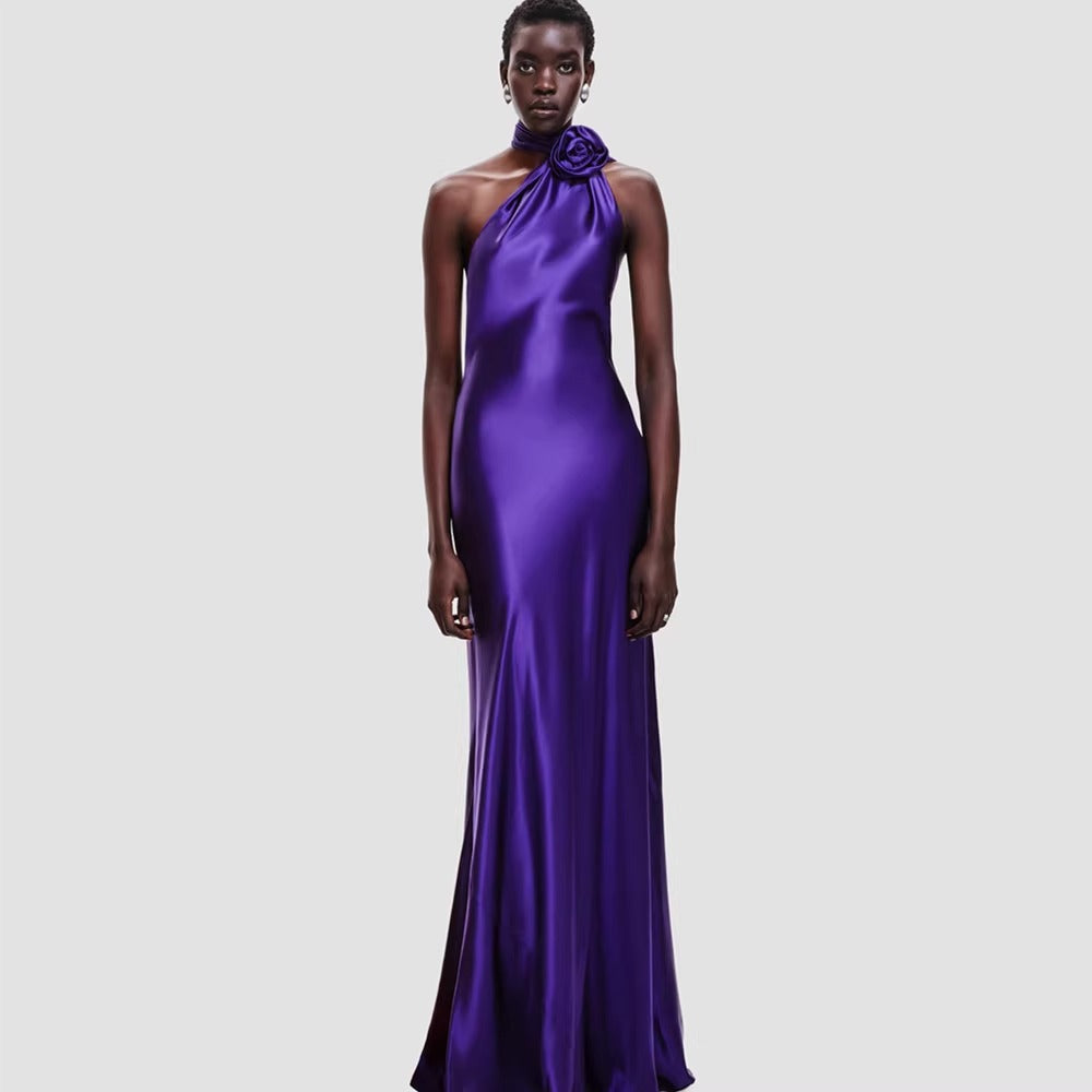 Maria One-Shoulder Satin Rose Gown