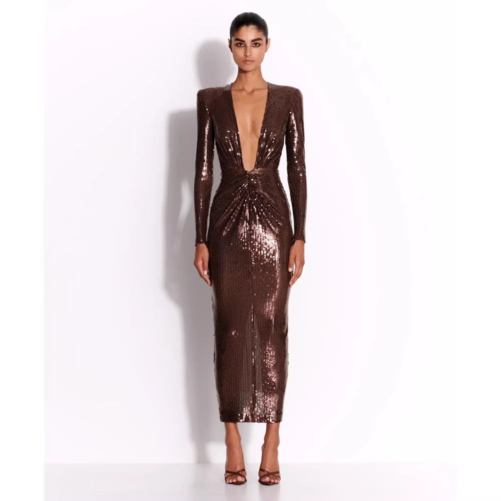Giana Deep Neck Sequin Midi Dress