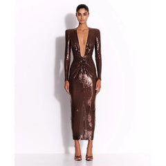 Giana Deep Neck Sequin Midi Dress