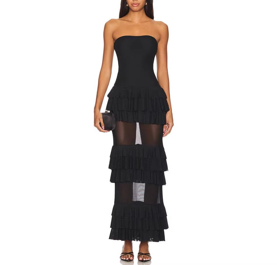 Miya Strapless Mesh Maxi Dress with Ruffle Panels